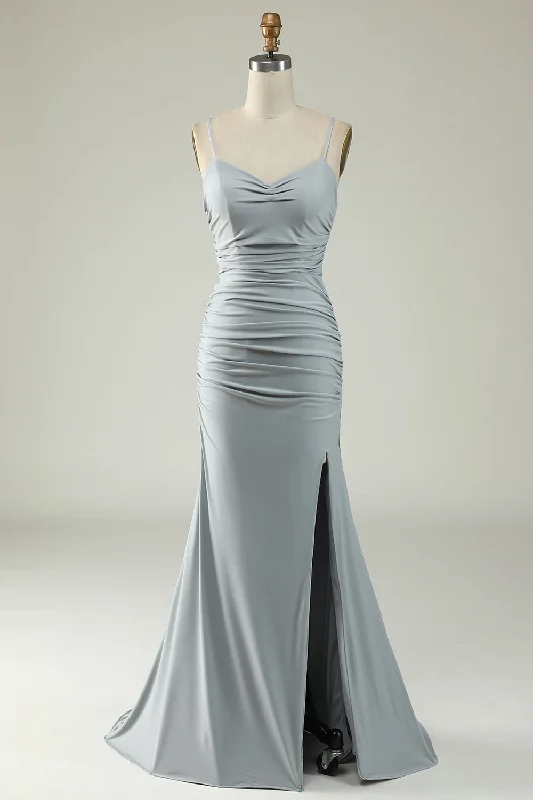 Christmas Dresses for Holiday -Mermaid Spaghetti Straps Grey Plus Size Prom Dress with Criss Cross Back