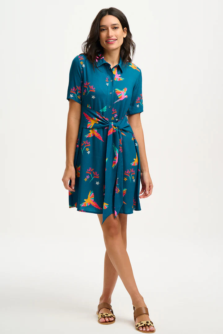 Red Dresses for Statement -Dessie Shirt Dress (Teal Rainbow Parrots)