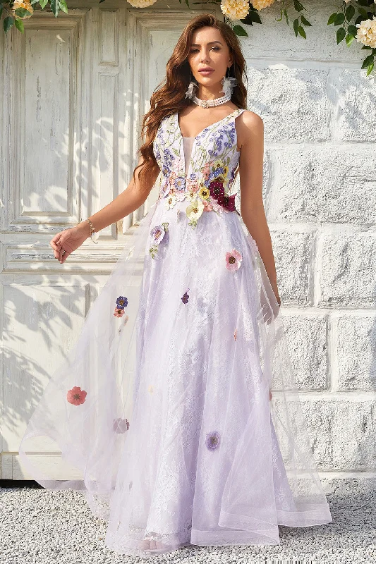 Modern Dresses for Trendy -A Line Deep V Neck Lavender Long Prom Dress with Open Back