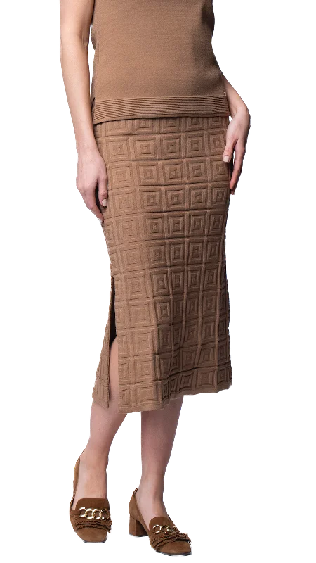 Flowy skirts for relaxed vacation wear -Sabrina Square Pattern Midi Straight Skirt; Mocha