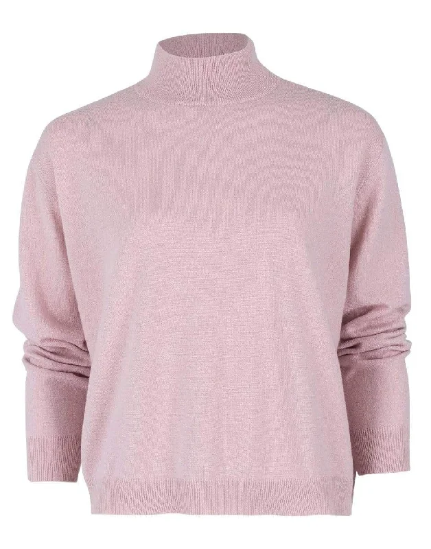 One - Shoulder Sweaters for Asymmetric Design -Pastel Pink Long Sleeve Cashmere Rib Neck Sweater