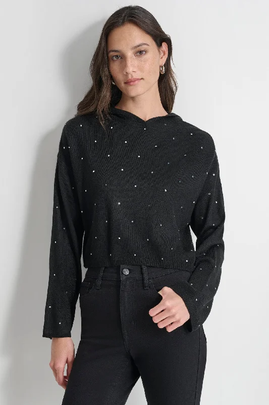 Tasseled Sweaters for Exotic Look -RHINESTUD CROPPED HOODIE SWEATER