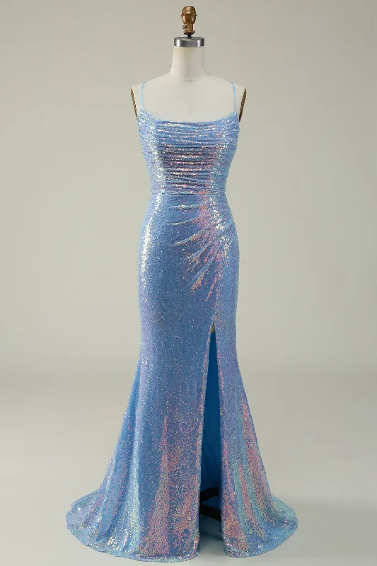 Hippie Dresses with Beads -Blue Sequined Spaghetti Straps Mermaid Prom Dress