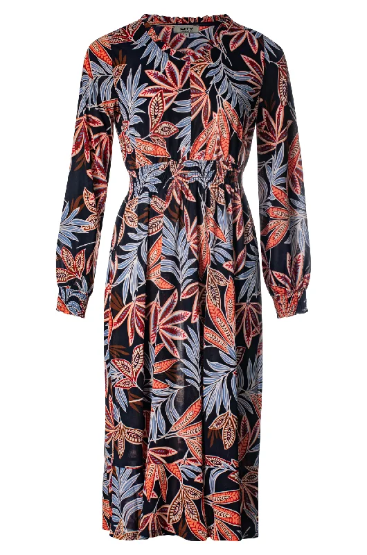 Green Dresses for Nature -V neck printed Slinky Dress | Navy Spice Leaf | 7406ZZ