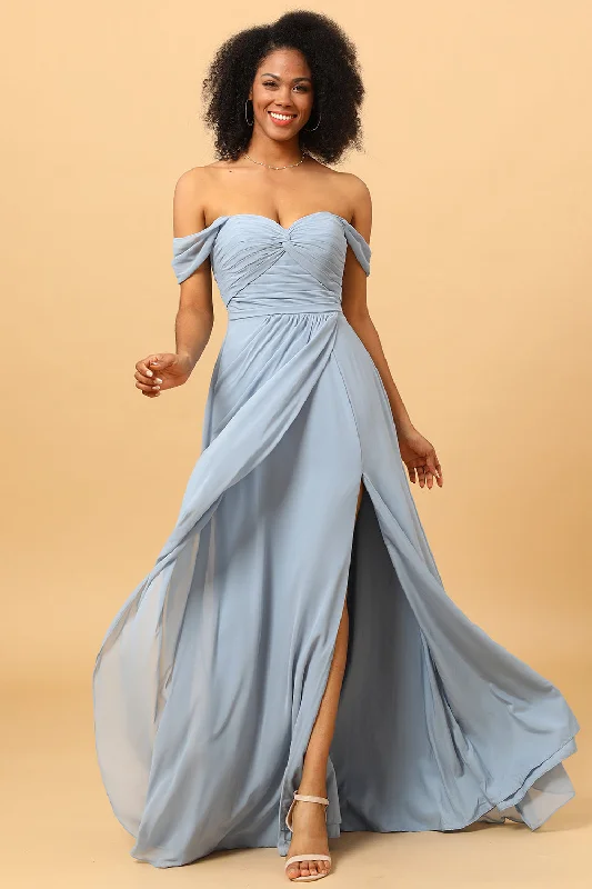 Contemporary Dresses for Fashion -Off Shoulder Chiffon Blue Bridesmaid Dress with Slit