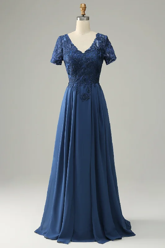 Office Dresses for Business -Blue A Line Mother of Bride Dress with Appliques