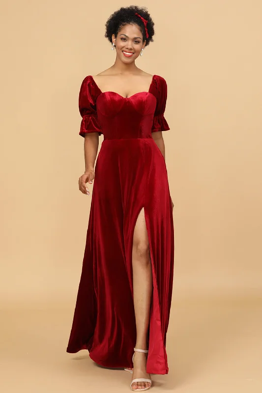 White Dresses for Pure Look -Red Velvet Half Sleeves Bridesmaid Dress With Slit