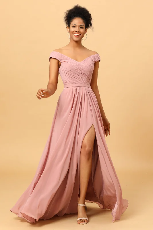 Resort Dresses for Vacation -Ruffles Chiffon Pink Bridesmaid Dress with Slit