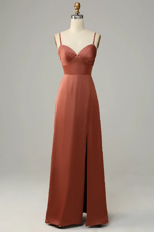 Solid Color Dresses for Simple -Brick Red Sheath Spaghetti Straps Satin Bridesmaid Dress With Slit