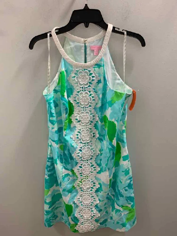 Midi Dresses for Versatile Wear -Size 12 LILLY PULITZER AQUA/GRN/WHT Floral T STRAP Dress