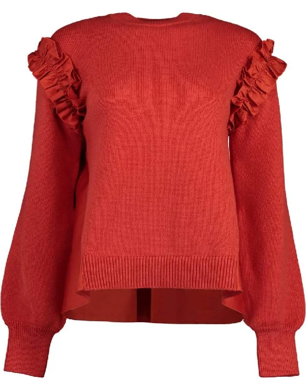 Long - Length Sweaters for Elegant Drape -Red Ruffle Sweater