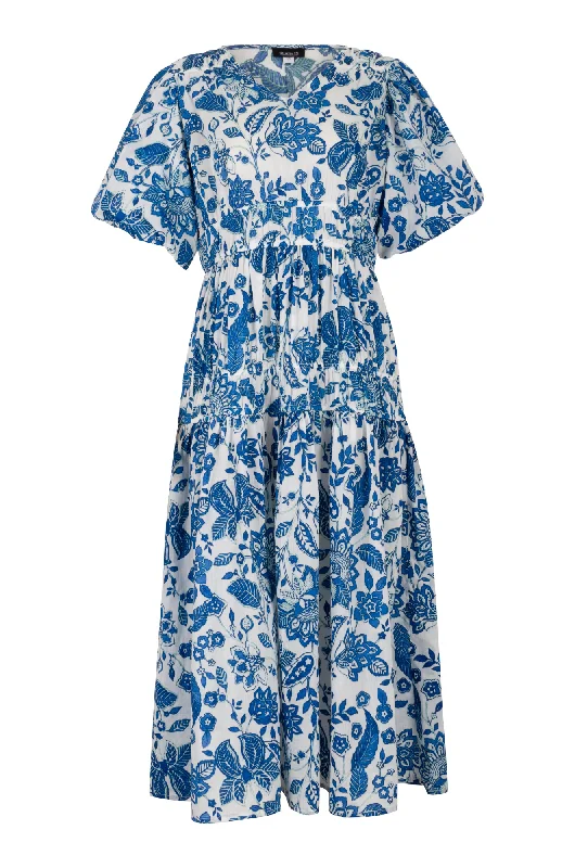 Low-waisted Dresses for Relaxed -100% printed Cotton Dress | Blue White Vines | 8372AR