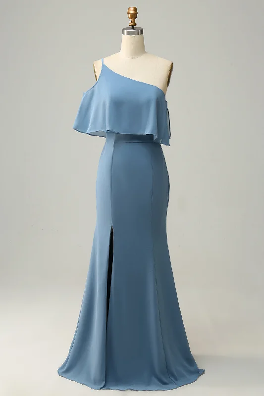 Tie-up Dresses for Decorative -Sheath One Shoulder Blue Plus Size Bridesmaid Dress with Silt