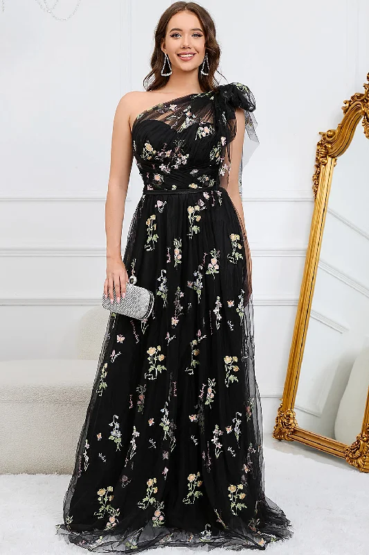 Beaded Dresses for Glamour -A-Line One Shoulder Black Floor Length Prom Dress With Embroidery