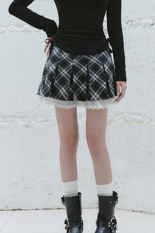 Designer skirts with premium fabric finish -Plaid Lace Trim Mini Skirt