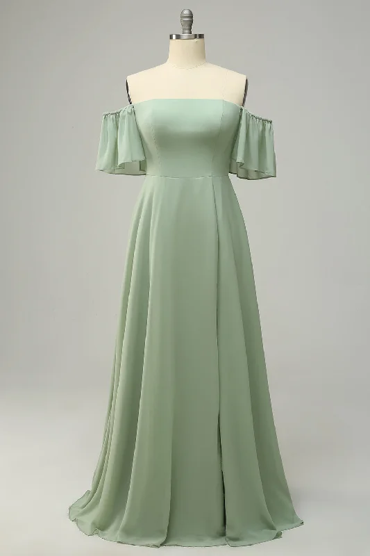 Strapless Dresses for Glamorous -A Line Off the Shoulder Green Long Bridesmaid Dress with Ruffles