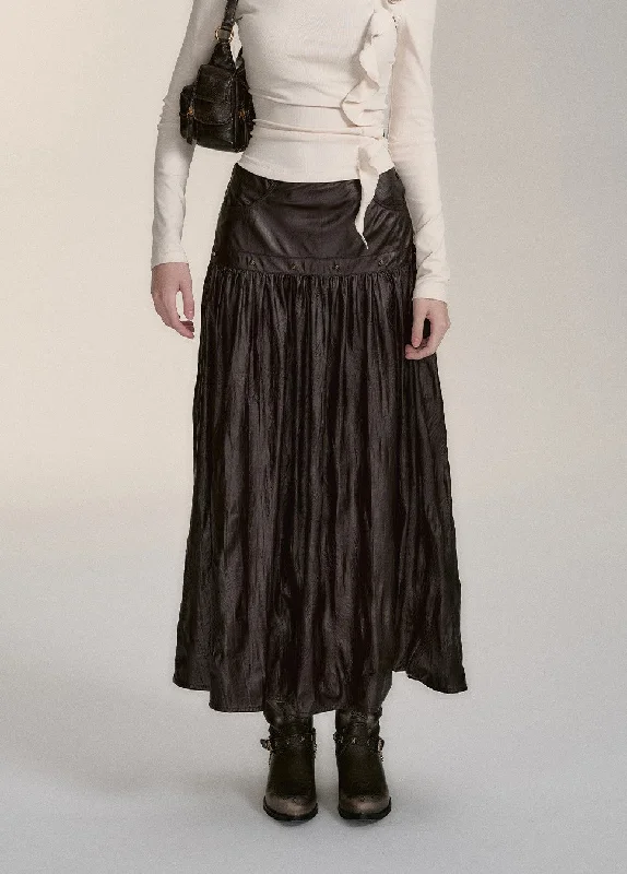 Ruffled maxi skirts for boho summer flair -Mid-length Design Imitation Pleated Leather Skirt VIA0177