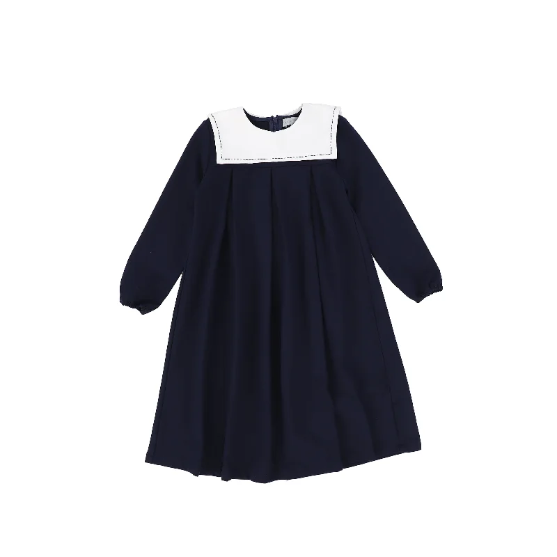 Orange Dresses for Energetic -Bace Collection Navy Bib Collar Pleated Dress [FINAL SALE]