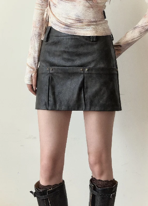 Vintage skirts with 70s-inspired designs -Rubbed Leather Rivet Design A-line Short Skirt VIA0156