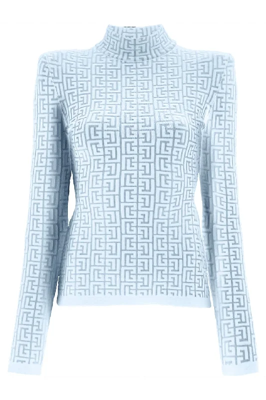 Pocket - Equipped Sweaters for Convenience -Long Sleeve Monogram Knit Sweater - Bleu