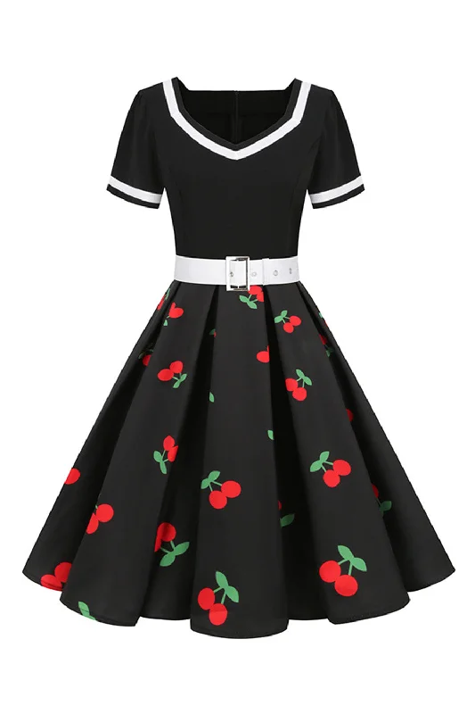 Ball Gown Dresses for Glamour -V Neck Black Print Vintage Dress With Short Sleeves