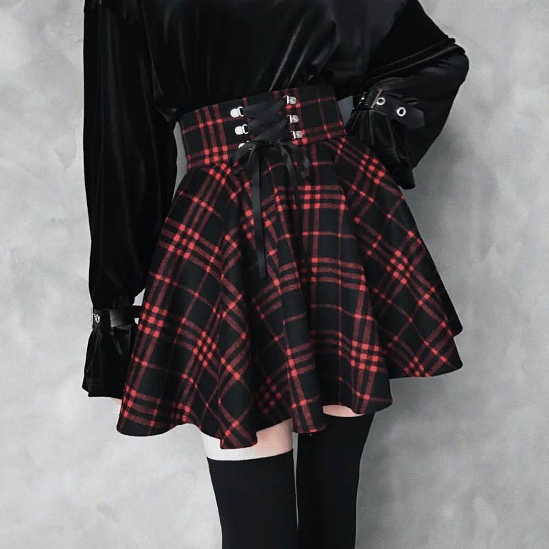 Lightweight skirts for warm season chic -Black-Red Gothic High Waist Laced Plaid Skirt AD10487