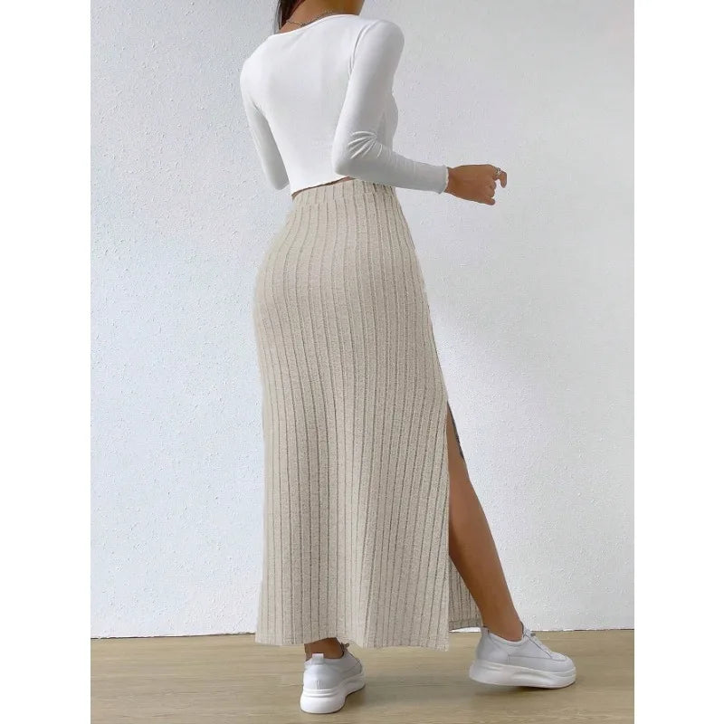 Wrap skirts with tie-front detail charm -Spring Summer High Waist Side Split Knitted Skirt