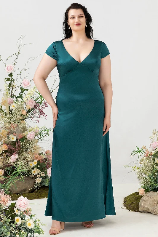 Polyester Dresses for Durable -A Line V Neck Dark Green Plus Size Bridesmaid Dress with Open Back