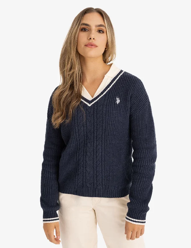 Boat Neck Sweaters for Chic Style -TIPPED CABLE V-NECK SWEATER