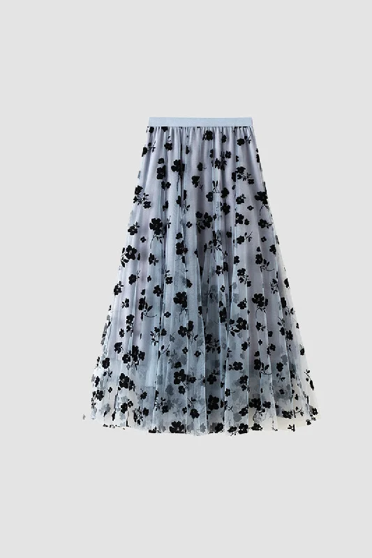 Patterned midi skirts for eye-catching style -Floral Patched Mesh Skirt