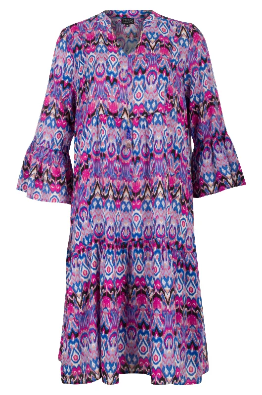 Ball Gown Dresses for Glamour -Flutter sleeve Cotton Blend Dress | Pink Blue Aztec | 6544AR