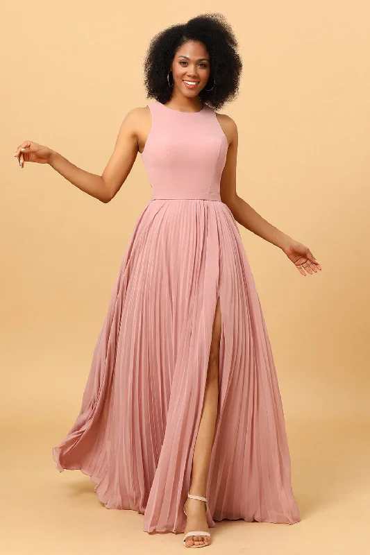 Animal Print Dresses for Fun -Blush Long Chiffon Pleated Bridesmaid Dress with Slit