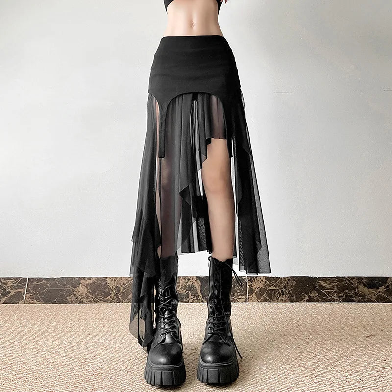 Luxury skirts with intricate embroidery accents -Goth Cyber Y2K Irregular Hem Mid Harajuku Fashion Streetwear Mesh Patchwork Club Alt Skirt