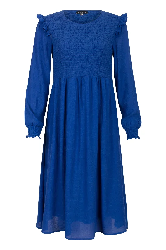 Mother's Day Dresses for Gift -Viscose Blend shirred bodice Dress | COBALT | 0136AR