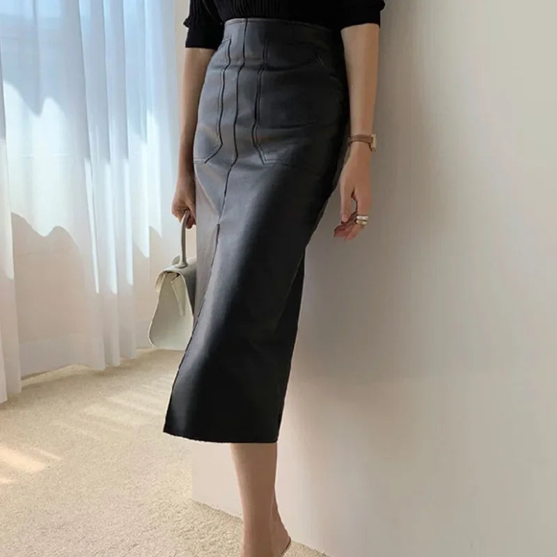 Cute denim skirts for youthful cool -Fashion Slim Long Faux Leather Hip Skirt