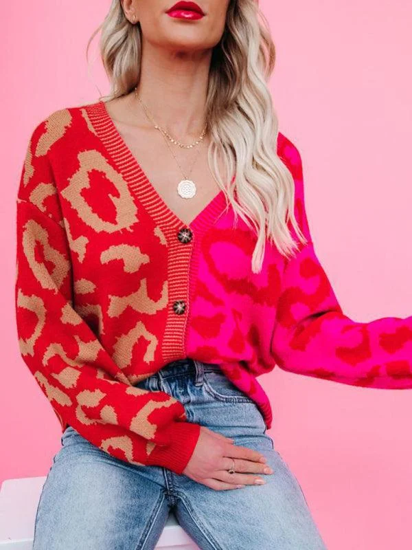 Off - Shoulder Sweaters for Sexy Look -Street Style  Leopard Print Oversized Knit Cardigan Sweater