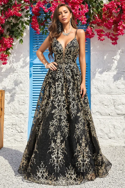 Vintage Dresses for Nostalgia -A Line Spaghetti Straps Black Golden Long Prom Dress with Bronzing