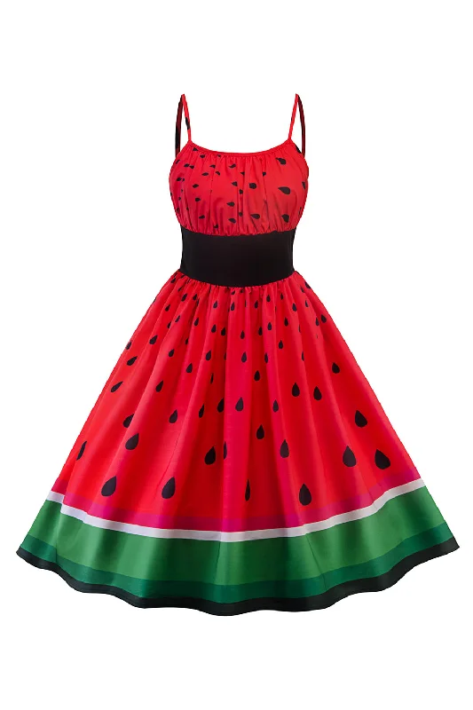 A-line Dresses for Flattering -Red Watermelon Printed Vintage 1950s Dress