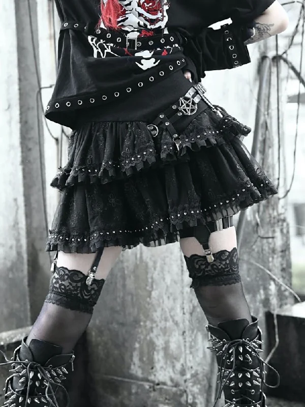 Durable skirts for active lifestyle needs -Gothic Lolita Tiered Ruffle Mini Skirt with Floral Lace and Studded Trim