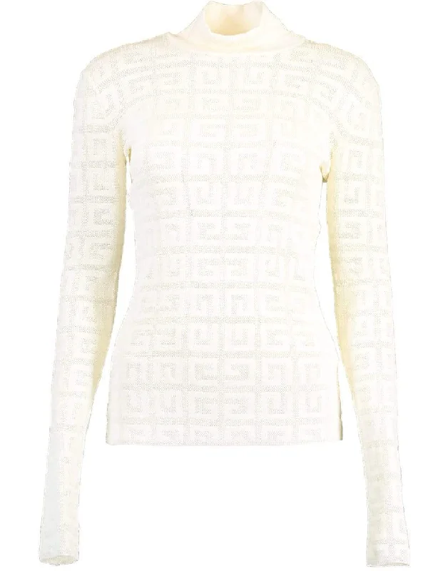 Machine - Made Sweaters for Mass Production -Lace Monogram Stretch Sweater - Off White