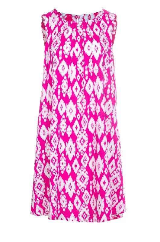 Beach Dresses for Coastal -Printed Viscose A-line Dress | Cerise White Aztec | 3340A1