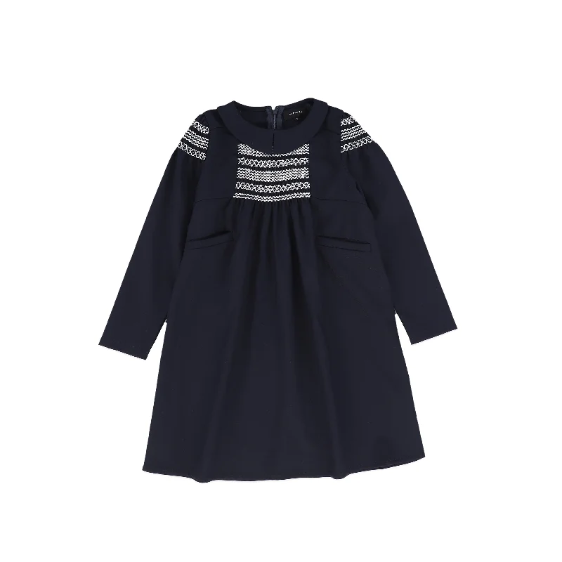 Silk Dresses for Luxurious -Bamboo Navy Smocked Swing Collar Dress [FINAL SALE]