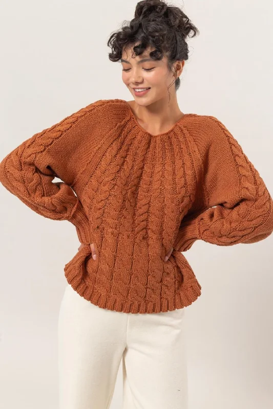 Side - Slit Sweaters for Stylish Detail -HYFVE Cable-Knit Round Neck Raglan Sleeve Sweater