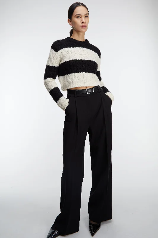 One - Shoulder Sweaters for Asymmetric Design -STRIPED CABLE KNIT CROPPED SWEATER