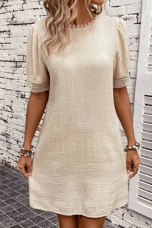 Patchwork Dresses for Bohemian -Lace Detail Round Neck Short Sleeve Mini Dress