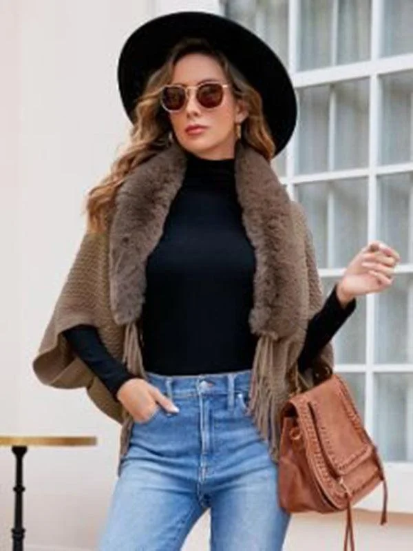 V - Neck Sweaters for Slimming Effect -Fur Collar Knitted Tassel  Women Cardigan Sweater