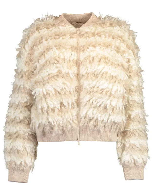 Halter Neck Sweaters for Stylish Look -Textured Striped Mohair Zip Up Sweater