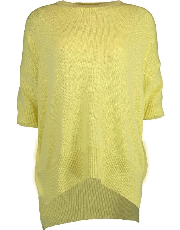 Long - Length Sweaters for Elegant Drape -Yellow Short Sleeve Crewneck Sweater