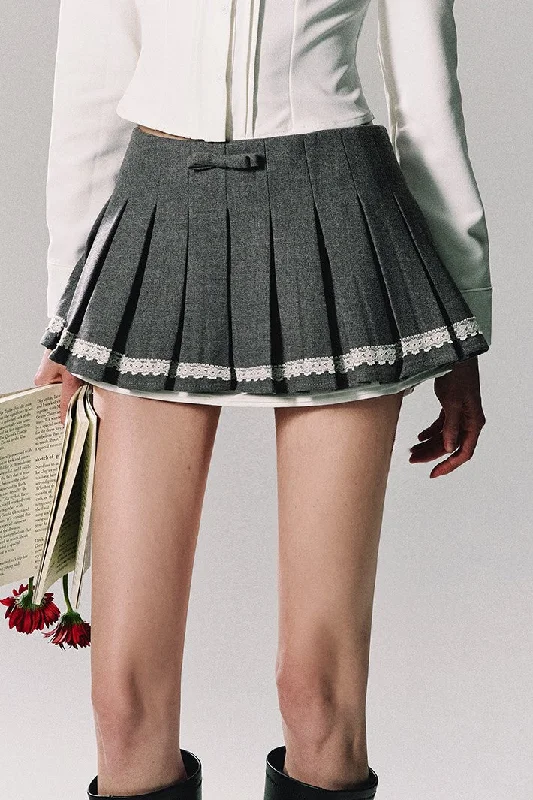 Lightweight skirts with airy fabric weave -Lace Trim Pleated Mini Skirt