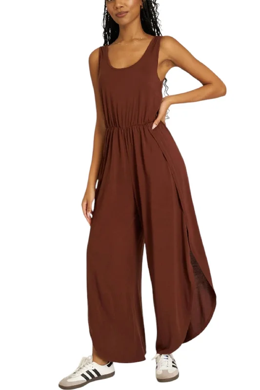 Trendy tight trousers for women with zipper details and edgy finish -Do It Again Scoop Neck Jumpsuit In Brown